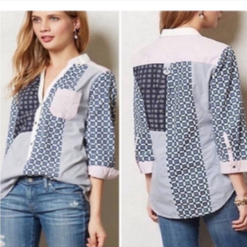 Anthropologie Blue Pink Boxy Button Down Shirt